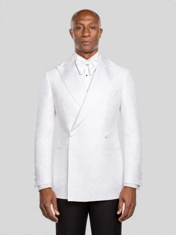 Snow White Paisley-Jacquard Satin Peak-Lapel Two-Button Double-Breasted Tuxedo Jacket - cover