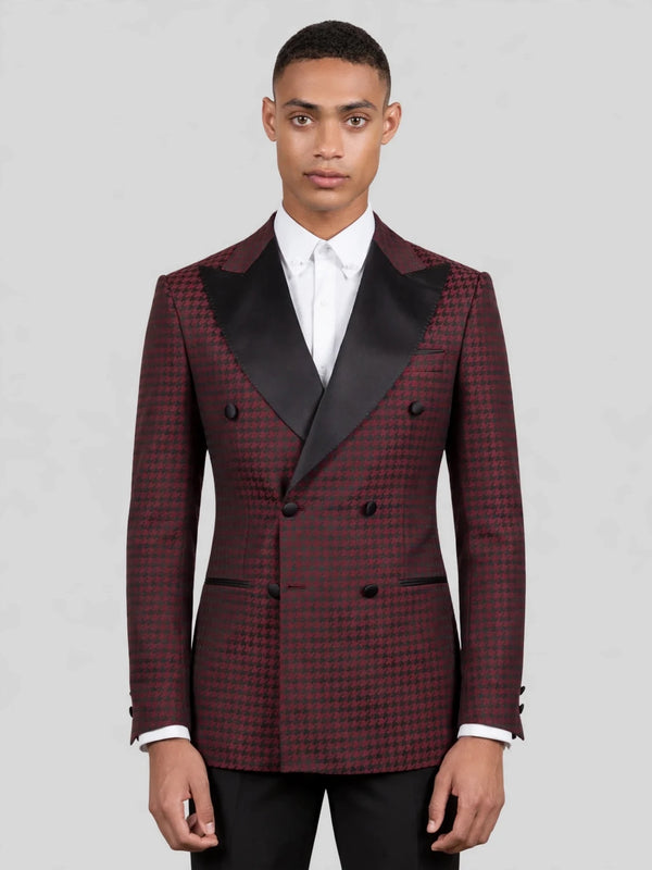 Burgundy Black Houndstooth Satin Peak-Lapel Double-Breasted Tuxedo Jacket 01