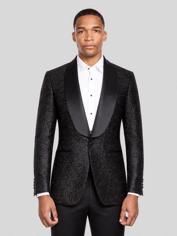 Onyx Glitter-Tweed Satin Shawl-Collar Single-Button Tuxedo Jacket 01