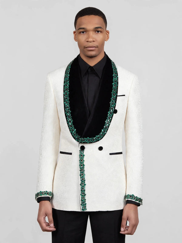 Ivory Emerald-Leaf Velvet Shawl-Collar Double-Breasted Tuxedo Jacket 04