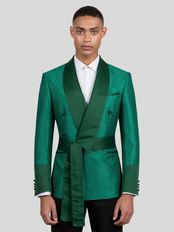 Emerald Micro-Dot Dark-Green Satin Shawl-Collar Belted Double-Breasted Tuxedo Jacket 01