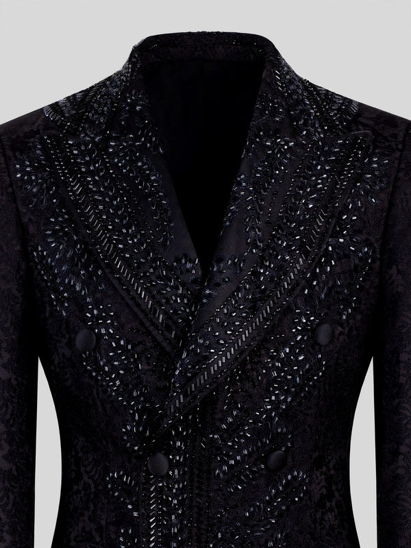Onyx Jet Beaded Leaf-Scroll Peak-Lapel Double-Breasted Tuxedo Jacket 08