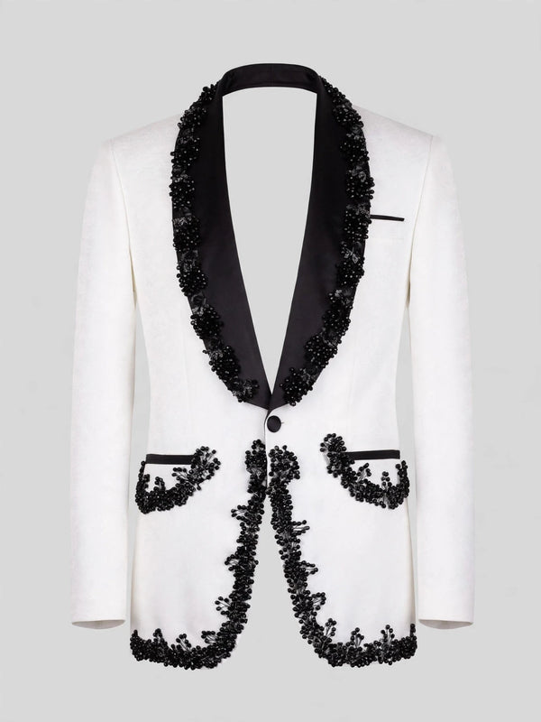 Ivory Jet Beaded-Edge Shawl-Collar Tuxedo Jacket 07