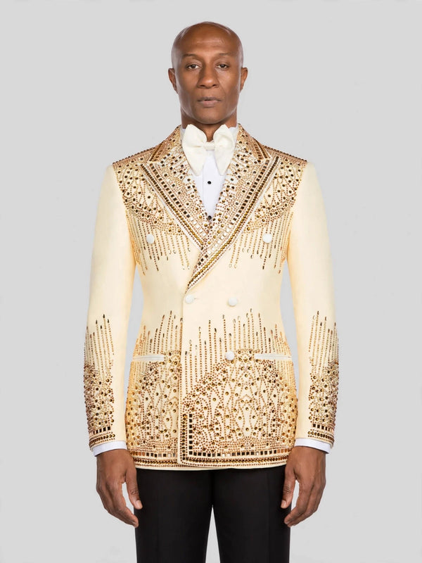 Cream Champagne Mirror-Stud Cascade Peak-Lapel Double-Breasted Tuxedo Jacket - cover