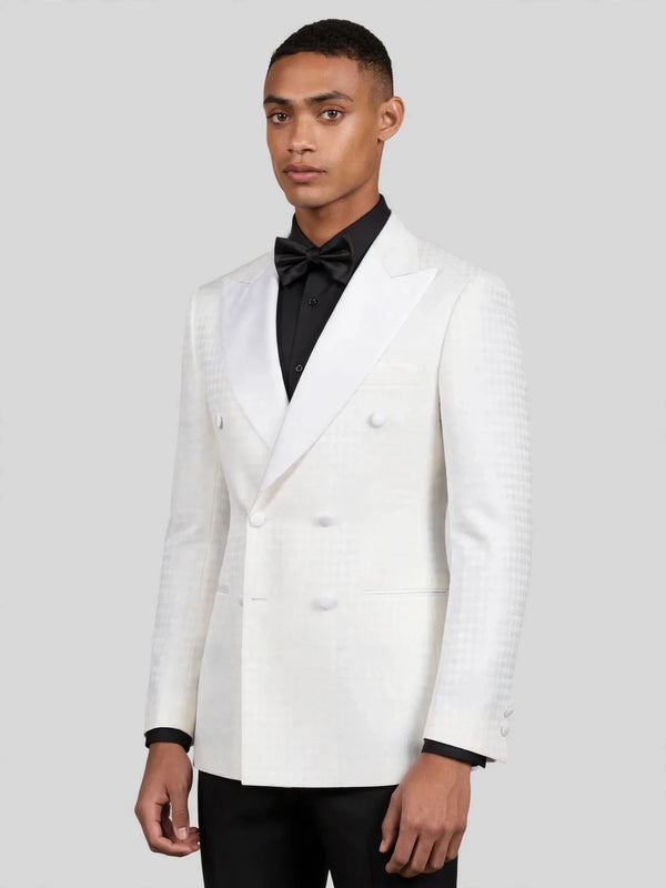 Ivory White Houndstooth Satin Peak-Lapel Double-Breasted Tuxedo Jacket 06