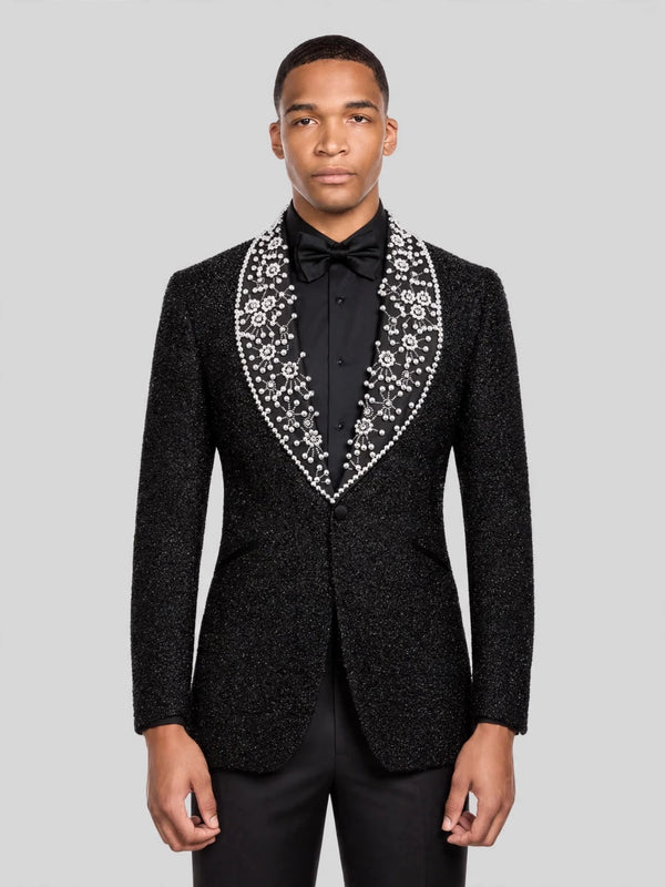 Onyx Silver Pearl-Floral Shawl-Collar Tuxedo Jacket 06