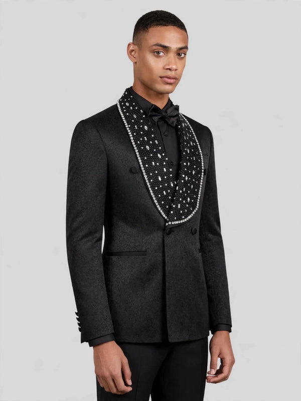 Onyx Silver Crystal-Scatter Beaded Shawl-Collar Double-Breasted Tuxedo Jacket 06