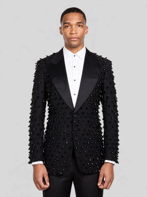 Onyx Jet Spike-Crystal Peak-Lapel Tuxedo Jacket 01