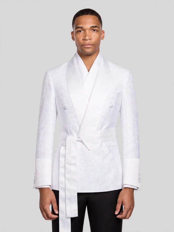 Snow White Micro-Dot Satin Shawl-Collar Belted Double-Breasted Tuxedo Jacket 01
