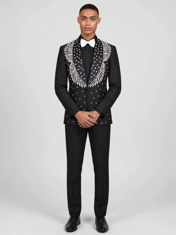 Onyx Silver Crystal Feather-Frond Shawl-Collar Tuxedo Jacket 05