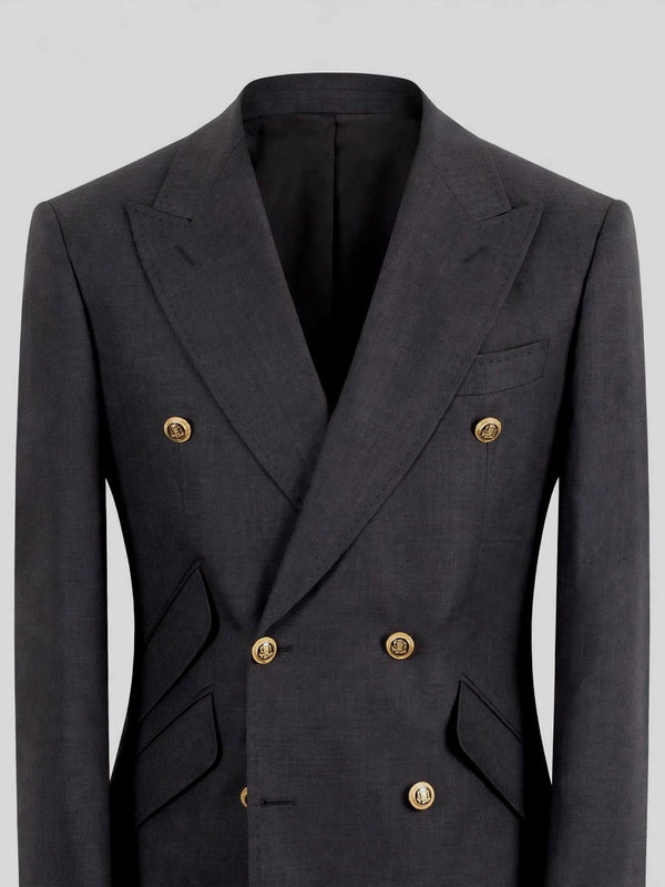 Charcoal Grey Gold-Button Slant-Flap Peak-Lapel Double-Breasted Suit Jacket 08