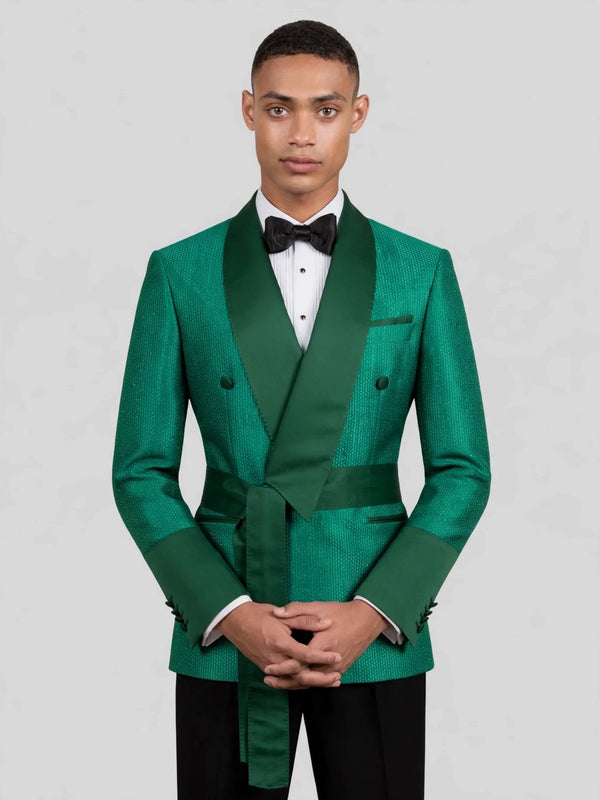 Emerald Micro-Dot Dark-Green Satin Shawl-Collar Belted Double-Breasted Tuxedo Jacket 02