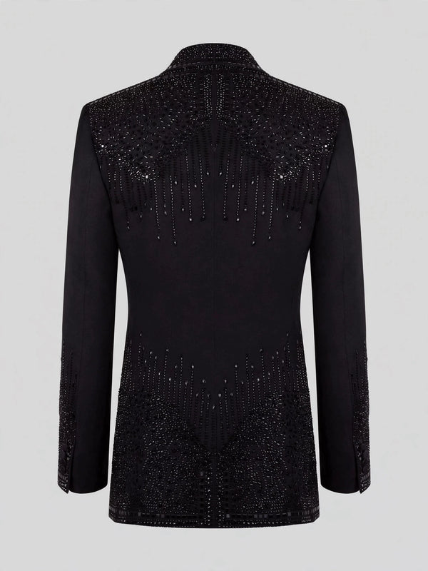 Onyx Jet Beaded Drip Peak-Lapel Double-Breasted Tuxedo Jacket 09