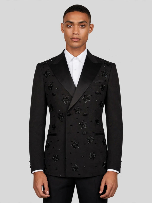 Onyx Jet Star-Bead Peak-Lapel Double-Breasted Tuxedo Jacket 01