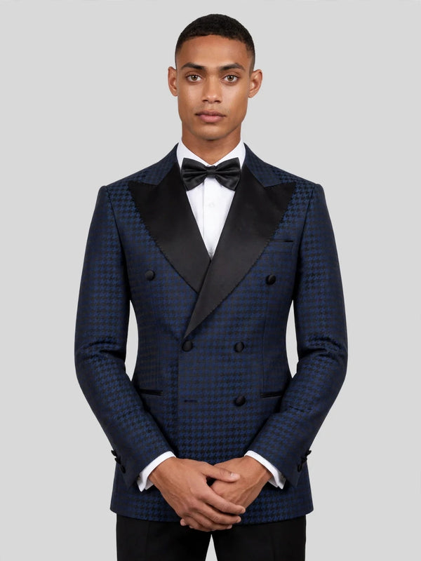 Navy Black Houndstooth Satin Peak-Lapel Double-Breasted Tuxedo Jacket 02