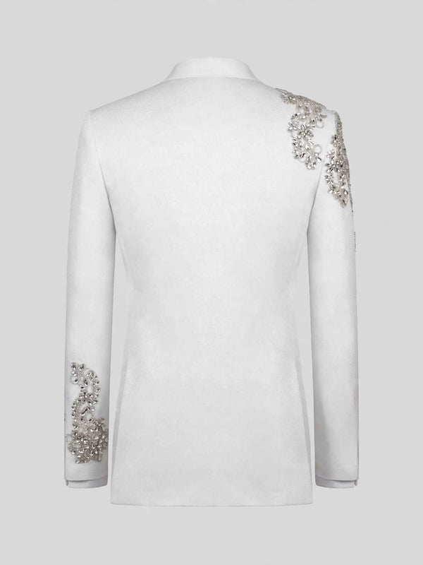 Ivory Silver Crystal Floral Diagonal Shawl-Collar Tuxedo Jacket 09