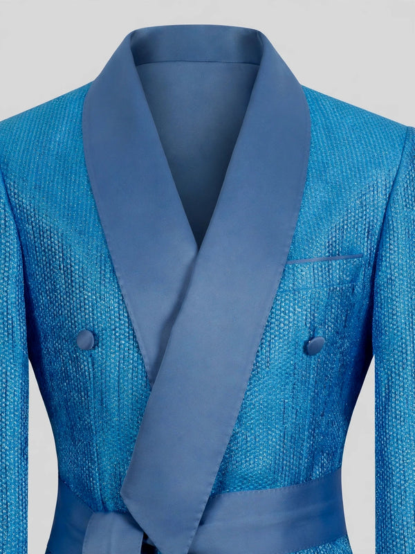 Turquoise Micro-Weave Dusty-Blue Satin Shawl-Collar Belted Double-Breasted Tuxedo Jacket 08
