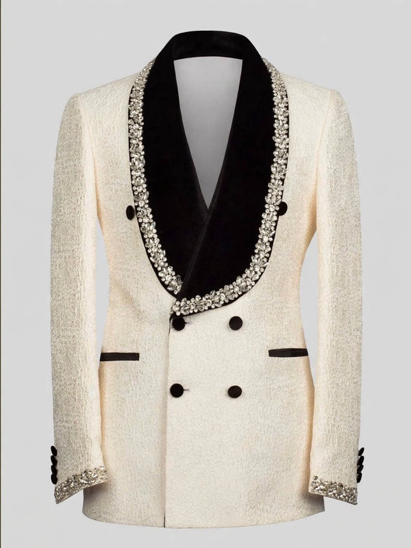 Cream Silver Crystal Velvet Shawl-Collar Double-Breasted Tuxedo Jacket 07
