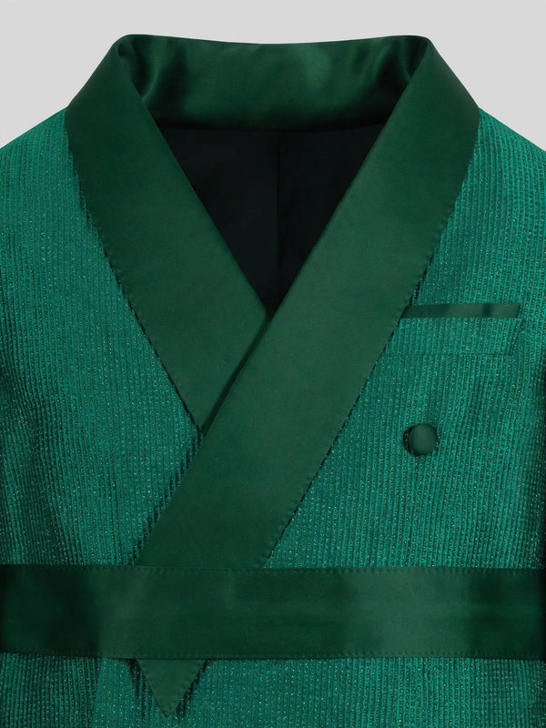 Emerald Micro-Dot Dark-Green Satin Shawl-Collar Belted Double-Breasted Tuxedo Jacket 08