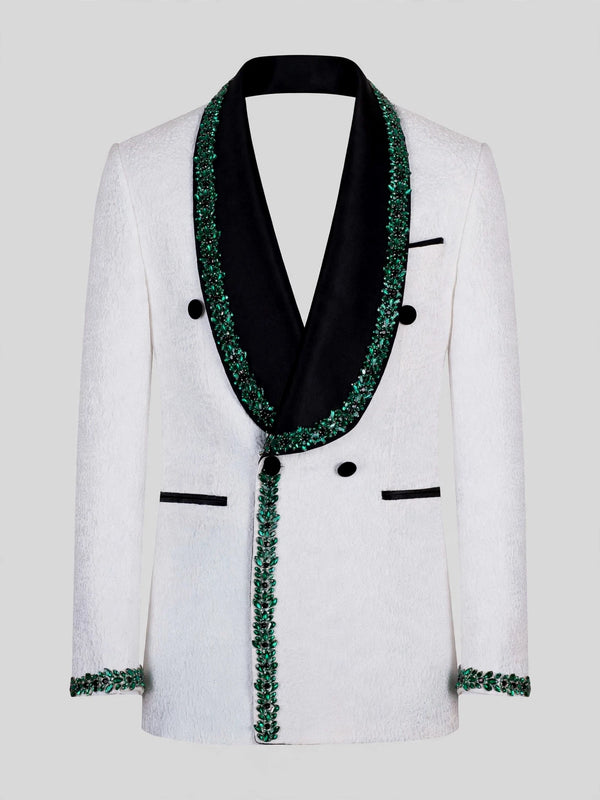 Ivory Emerald Crystal-Trim Black Shawl-Collar Double-Breasted Tuxedo Jacket 07