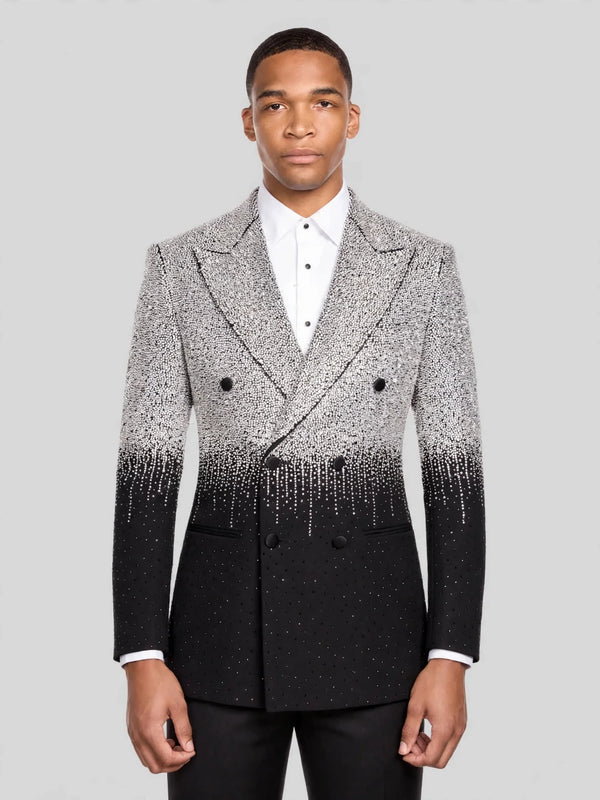 Onyx Silver Ombre Crystal Peak-Lapel Double-Breasted Tuxedo Jacket 01