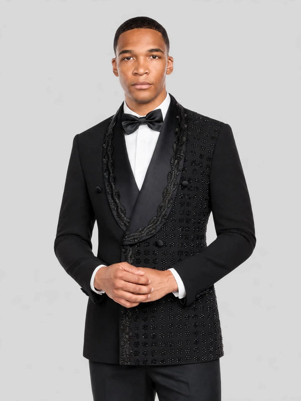 Onyx Jet Floral-Grid Asymmetric Shawl-Collar Double-Breasted Tuxedo Jacket 02