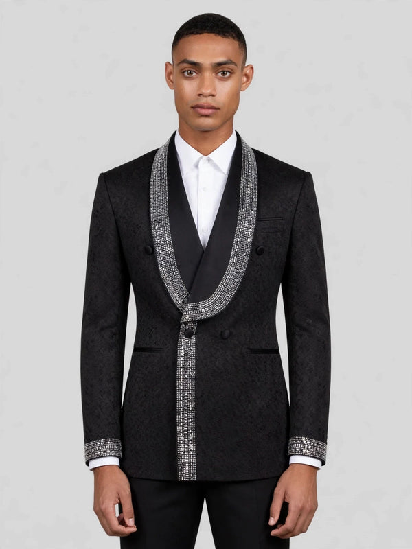 Onyx Silver Crystal-Grid Shawl-Collar Double-Breasted Tuxedo Jacket 01