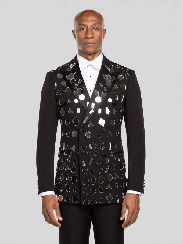Onyx Geometric Mirror-Scatter Peak-Lapel Double-Breasted Tuxedo Jacket - cover