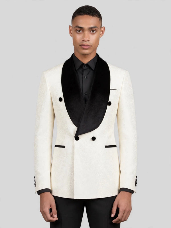 Ivory Grain-Jacquard Black Velvet Shawl-Collar Double-Breasted Tuxedo Jacket 04