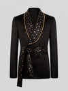 Onyx Gold Crystal Belted Shawl-Collar Double-Breasted Tuxedo Jacket 07