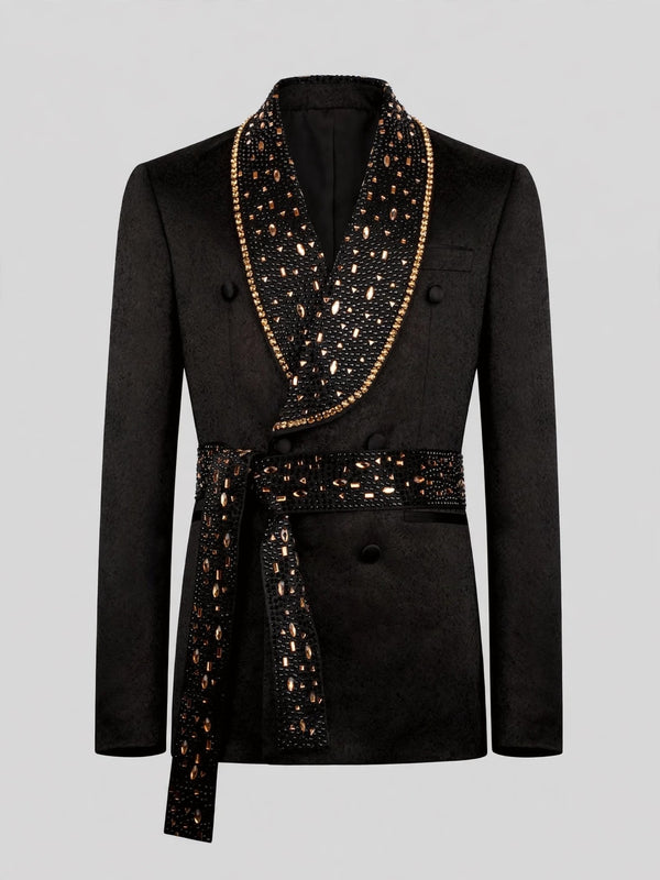 Onyx Gold Crystal Belted Shawl-Collar Double-Breasted Tuxedo Jacket 07