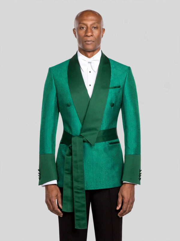 Emerald Micro-Dot Dark-Green Satin Shawl-Collar Belted Double-Breasted Tuxedo Jacket - cover