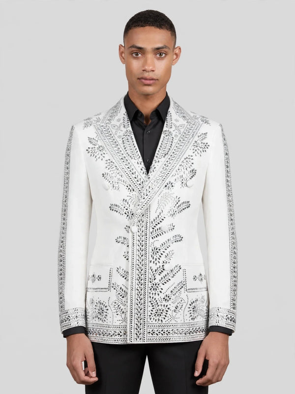 Ivory Silver Fern Crystal Peak-Lapel Double-Breasted Tuxedo Jacket 04