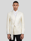 Ivory Cream Micro-Weave Satin Shawl-Collar Belted Double-Breasted Tuxedo Jacket 01