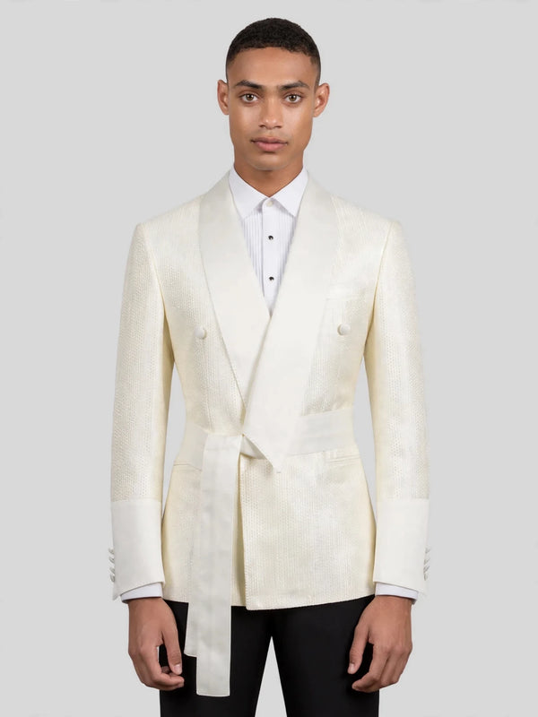 Ivory Cream Micro-Weave Satin Shawl-Collar Belted Double-Breasted Tuxedo Jacket 01