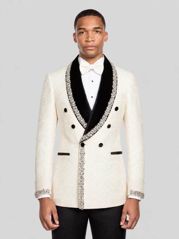 Cream Silver Crystal Velvet Shawl-Collar Double-Breasted Tuxedo Jacket 03