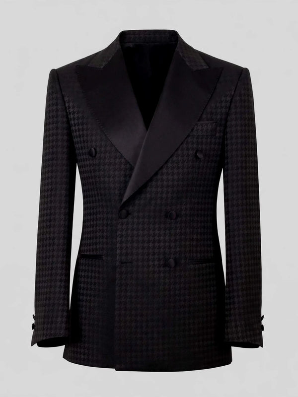 Onyx Black Houndstooth Satin Peak-Lapel Six-Button Double-Breasted Tuxedo Jacket 07