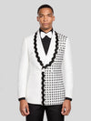 Ivory Jet Floral-Grid Scalloped Shawl-Collar Double-Breasted Tuxedo Jacket 05