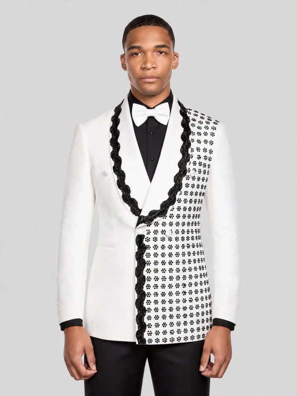 Ivory Jet Floral-Grid Scalloped Shawl-Collar Double-Breasted Tuxedo Jacket 05
