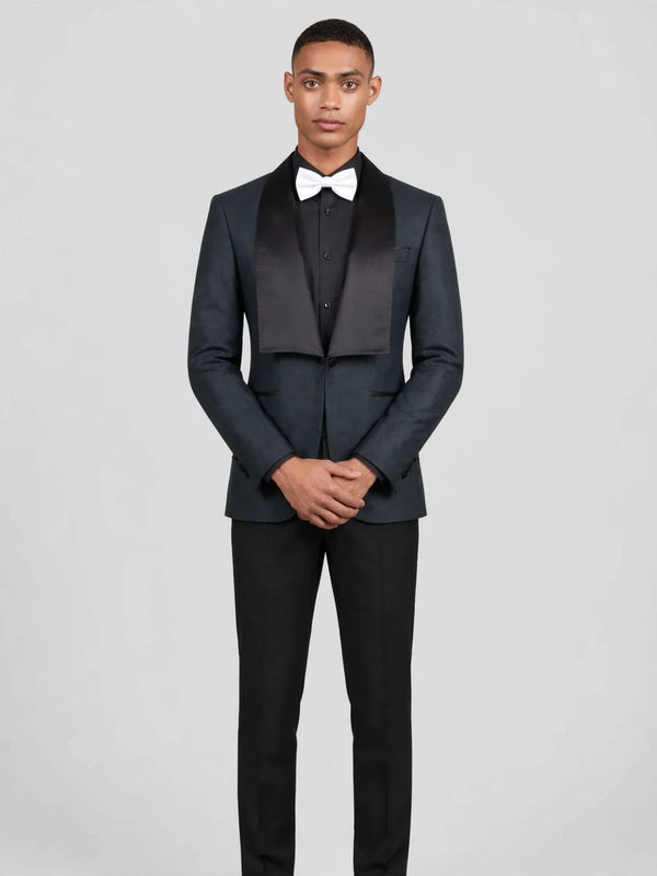 Slate Grey Diamond-Texture Satin Shawl-Collar Tuxedo Jacket 05