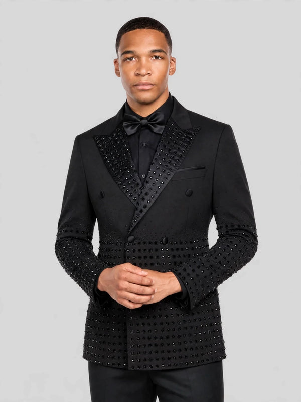 Onyx Jet Beaded-Grid Peak-Lapel Double-Breasted Tuxedo Jacket 06
