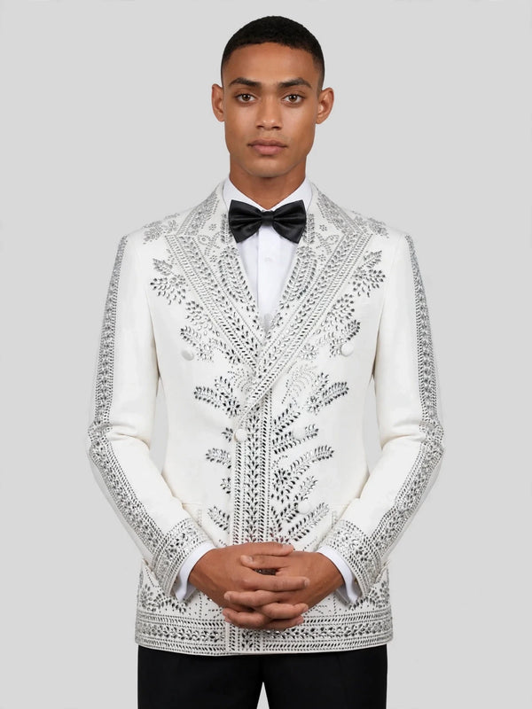 Ivory Silver Fern Crystal Peak-Lapel Double-Breasted Tuxedo Jacket 02