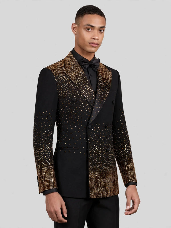 Onyx Gold Gradient Crystal-Dot Peak-Lapel Double-Breasted Tuxedo Jacket 06