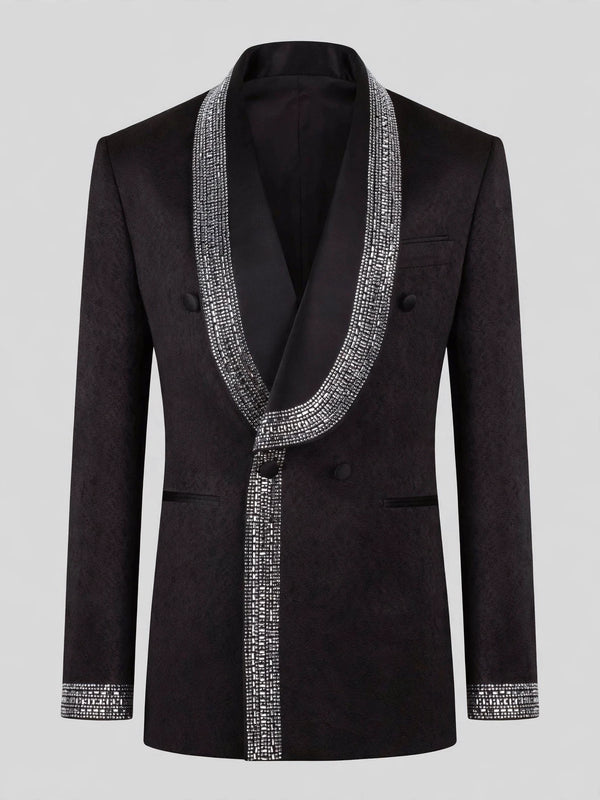 Onyx Silver Crystal-Grid Shawl-Collar Double-Breasted Tuxedo Jacket 07