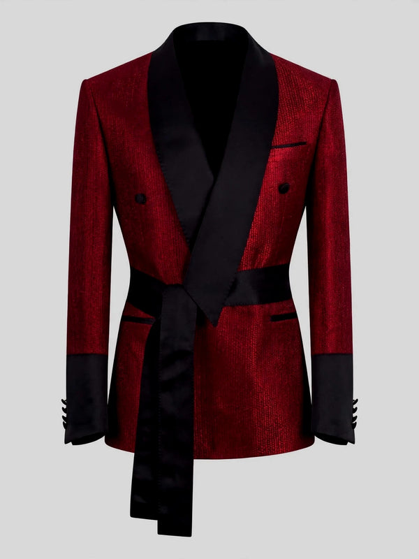 Crimson Shimmer Satin Shawl-Collar Sash-Belt Two-Button Double-Breasted Tuxedo Jacket 07