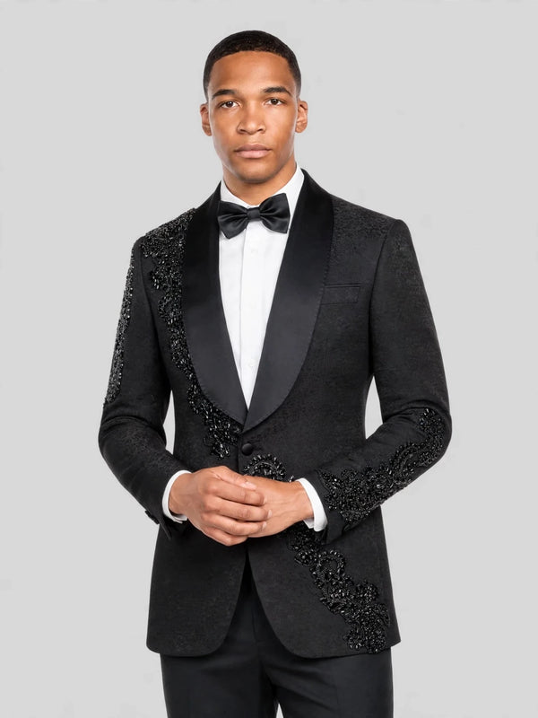 Onyx Jet Beaded Diagonal Shawl-Collar Tuxedo Jacket 02