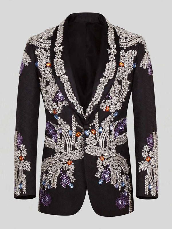 Onyx Silver Gem-Floral Shawl-Collar Tuxedo Jacket 07