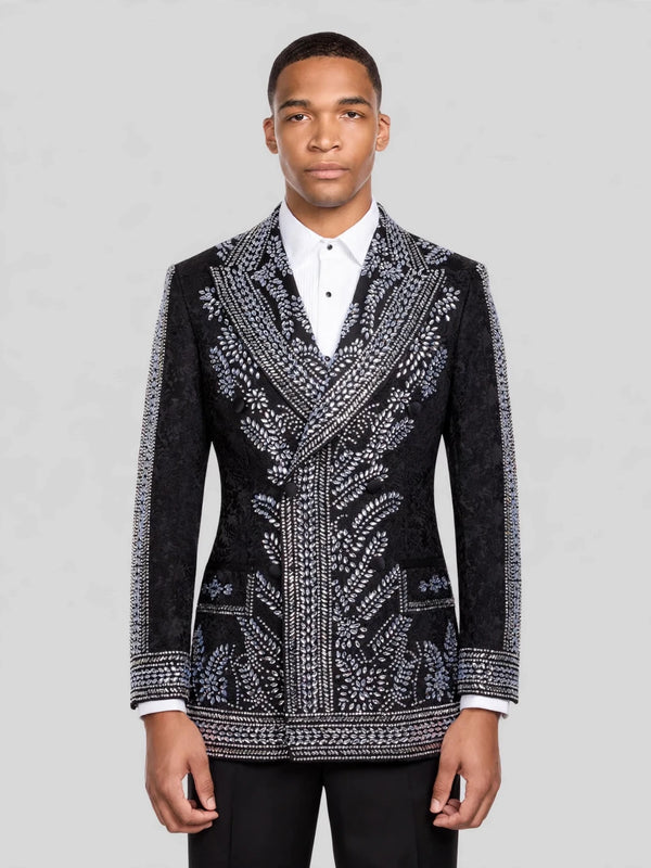 Onyx Silver Fern Crystal Peak-Lapel Double-Breasted Tuxedo Jacket 01