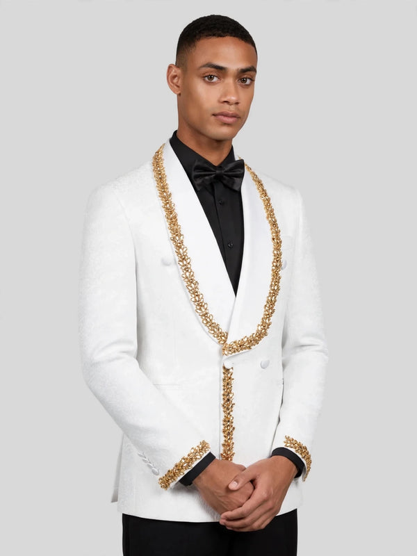 Ivory Gold Crystal-Trim Shawl-Collar Double-Breasted Tuxedo Jacket 06