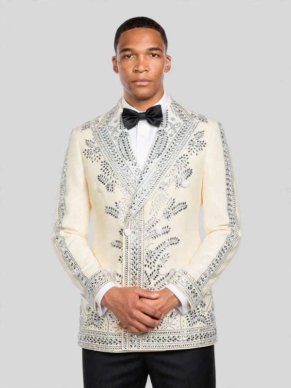 Cream Silver Mirror-Leaf Peak-Lapel Double-Breasted Tuxedo Jacket 02